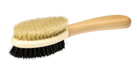 Oval-shaped brush with light beige bristles and a light brown handle