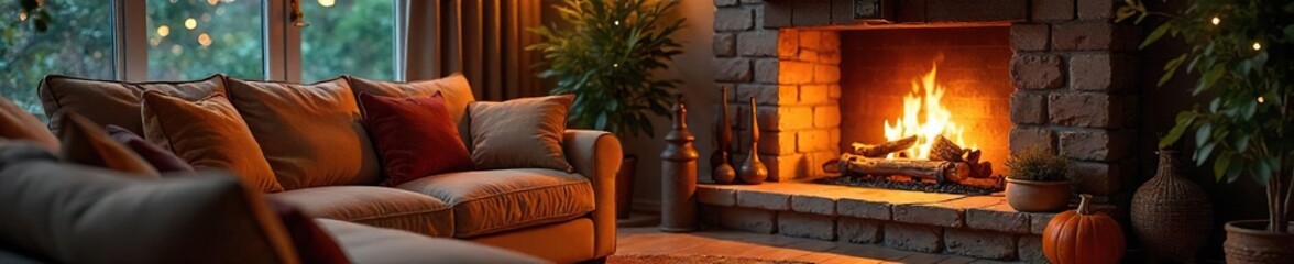 Cozy living room with fireplace, plush sofa, and warm lighting, creating a relaxed and inviting atmosphere perfect for autumn evenings ,  sofa,  lamps