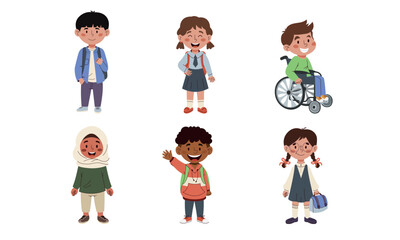 Cute smiling school kids multiethnic boys and girls team children developing with disabilities. Kindergarten and school students, pupils. Flat vector illustration isolated on white background