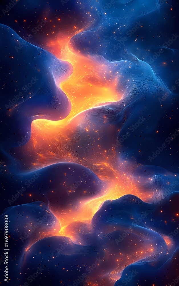 Poster vibrant cosmic nebula with glowing orange energy streams flowing through deep blue space, creating d