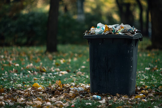Overflowing garbage can in a public park - indicating the issue of littering and public waste management challenges