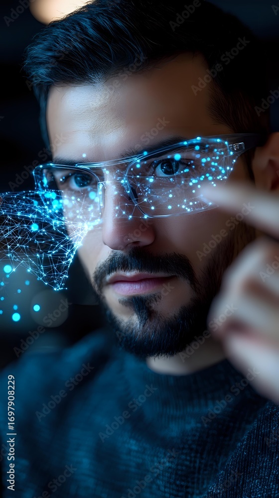 Poster young bearded professional wearing smart glasses with futuristic augmented reality interface display