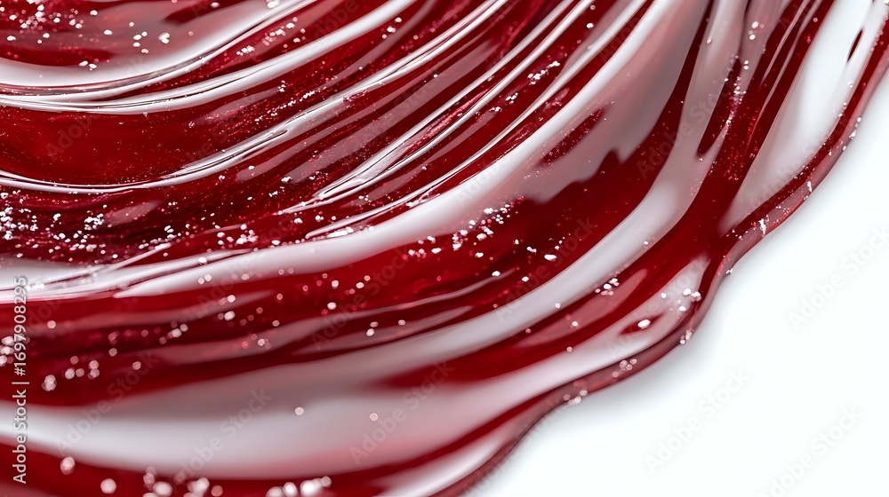 Poster swirling red and white abstract liquid pattern with glossy texture and tiny sparkles creates dynamic