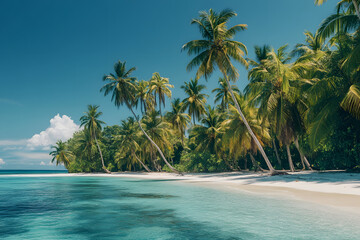 pristine tropical island paradise - adorned with swaying palm trees and surrounded by the clear blue sea