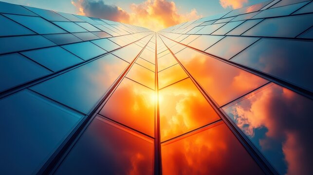 Skyscraper facade reflecting vibrant sunset clouds