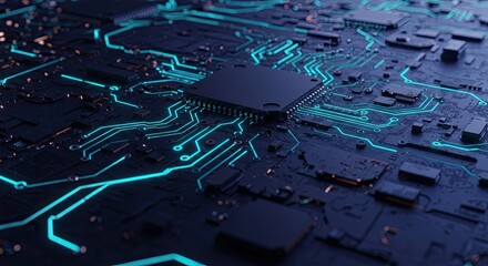 Futuristic glowing circuit board background in deep tones