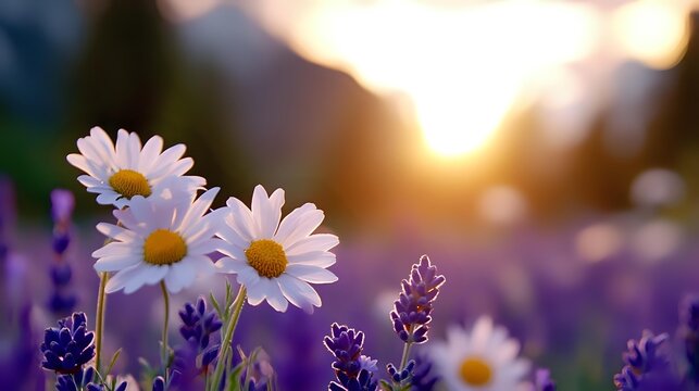 White daisies and purple lavender flowers in a field during golden sunset with soft bokeh background, creating dreamy summer nature atmosphere.