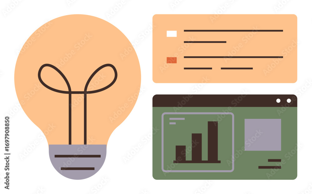 Poster lightbulb beside checklist and bar chart in a data dashboard window. ideal for innovation, strategy,