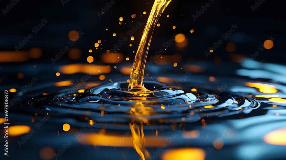 Poster golden liquid stream pouring into dark surface creating circular ripples and splashes, illuminated b