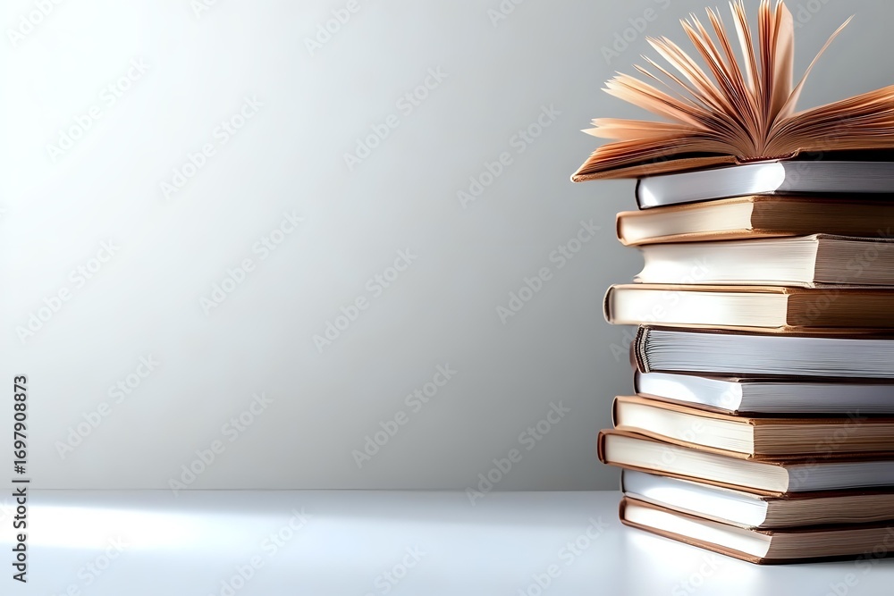 Aufkleber stack of hardcover books with one open book fanned out on top against white background, creating min