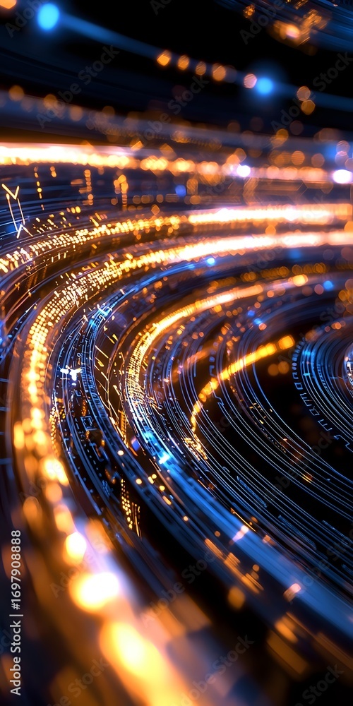 Poster abstract curved lines of glowing digital data streams in blue and orange colors creating futuristic 