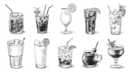 Engraving sketch of assorted vintage cocktails in glasses with ice citrus straws and classic bar drinks