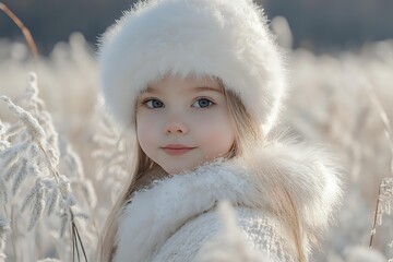 Young girl wearing white fur hat and winter coat poses outdoors among frosted reeds during golden hour, creating magical winter atmosphere.