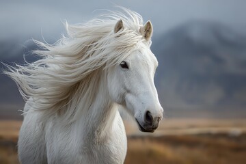 Fototapeta premium Majestic white Icelandic horse with flowing mane against dramatic mountain landscape, wild stallion running free in natural habitat during windy weather conditions.