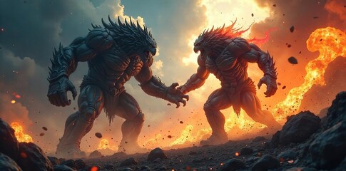 Epic clash of colossal titans, monstrous battle, devastating power unleashed, destructive forces collide, chaotic scene of immense struggle , dramatic, force