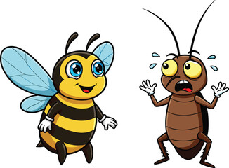 Cute cartoon happy bee and scared cockroach side by side, expressive insect characters with detailed wings and emotional faces.