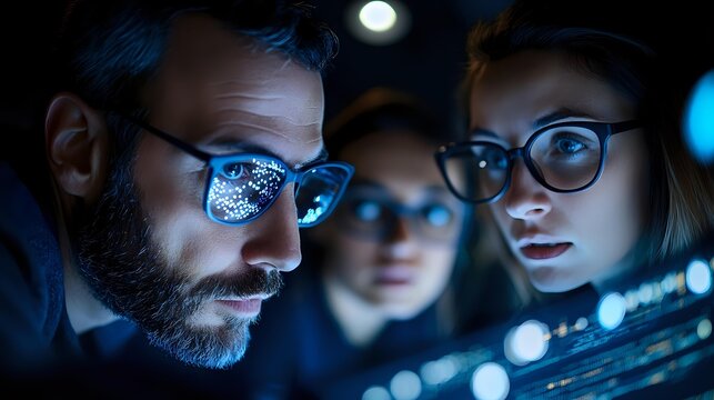 Team of diverse IT specialists working late at night, illuminated by screens while analyzing data. Blue light reflects in their glasses as they focus on cybersecurity monitoring. - Powered by Adobe