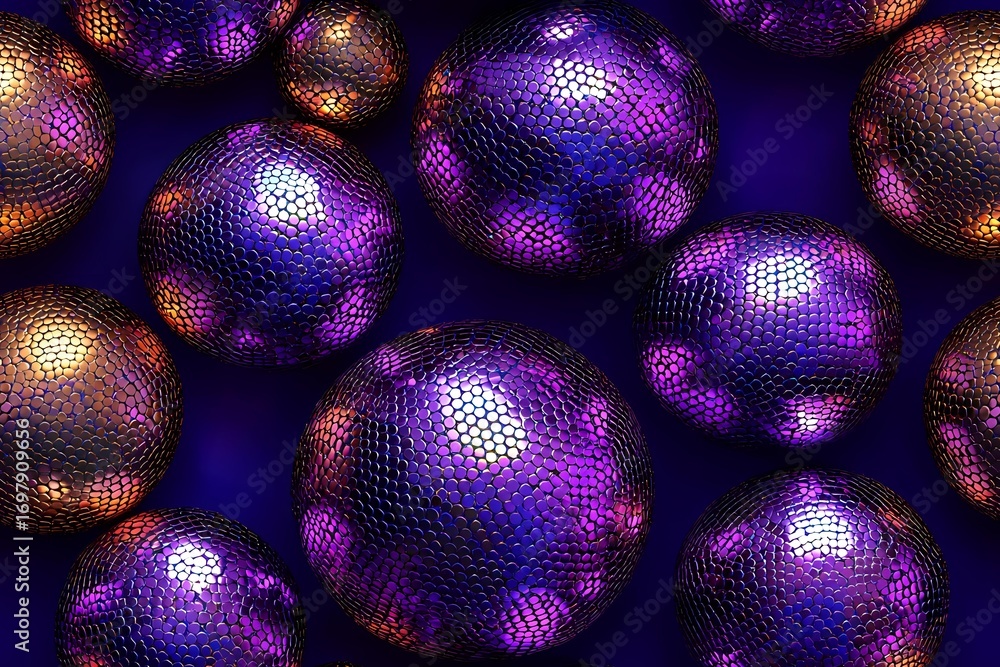 Poster metallic purple and gold spheres with honeycomb texture pattern floating on dark background create f
