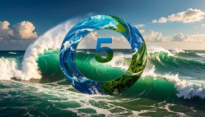 Ocean waves surround a stylized Earth graphic with the number 5