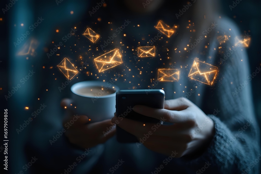 Poster Glowing email envelope icons floating above smartphone in dark room with magical light effect, concept of digital communication and messaging.