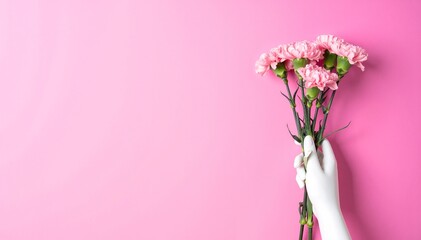 A person with a gentle smile holds a vibrant bouquet of colorful flowers against a soft pink background, radiating warmth and joy.
