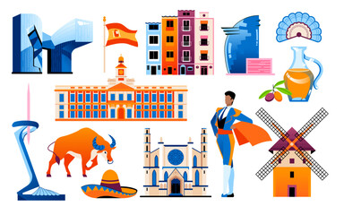 Spanish landmarks and symbols - set of flat design style objects