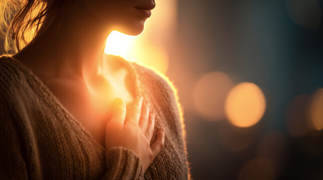 Woman holding her hand on her chest, feeling gratitude and hope in warm sunset light
