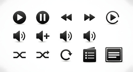 Icons of Play: A series of meticulously designed multimedia icons including play, pause, skip, and volume adjustment, rendered with striking clarity and symbolic meaning.