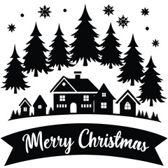 Obraz premium Merry Christmas village scene with houses and trees in silhouette