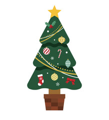 クリスマスツリーのイラスト　モミの木　星　オーナメント　12月　フラット　行事　イベント　飾り　装飾