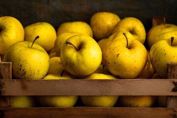 Fresh golden yellow apples in cardboard box at market or grocery store close-up