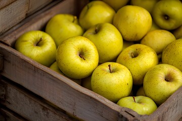 Fresh golden yellow apples in cardboard box at market or grocery store close-up