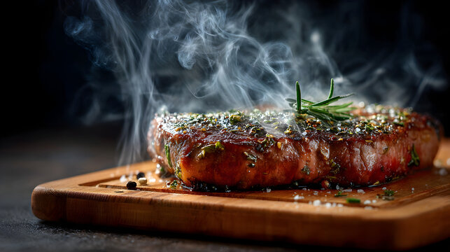 Juicy, herb-crusted steak sizzling with steam, perfectly seasoned and presented on a rustic wooden board