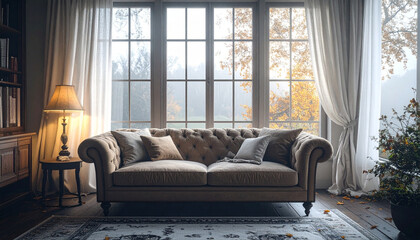 Fototapeta premium A classic tufted sofa with pillows sits in a cozy room, positioned in front of a large window with white curtains and a view of a tranquil, foggy autumn landscape.