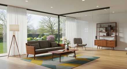 Fototapeta premium Modern living room with mid-century furniture, large windows showcasing a lush garden view.