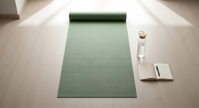 Preparing for a morning yoga session with an exercise mat, hydration bottle, and journal for intention setting in a sunlit room