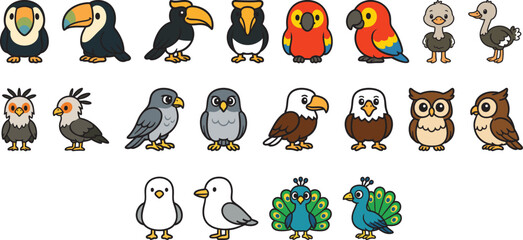 Naklejka premium Colorful Cartoon Birds Collection with Various Species and Styles for Creative Projects