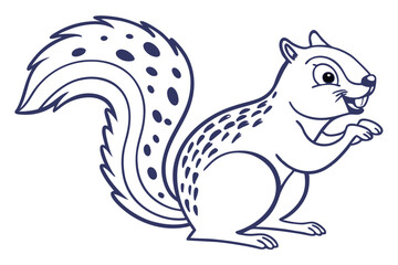 Outlined Squirrel Cartoon, Standing on White Background with Blue Line Art