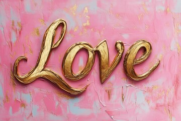 Golden Textured Love Word on Abstract Pink and Gold Painted Background