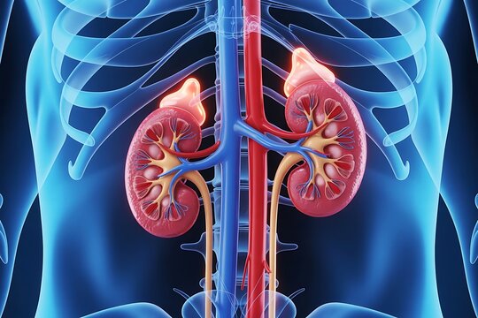 Anatomical illustration of the human urinary system highlighting the kidneys connected to the aorta and inferior vena cava