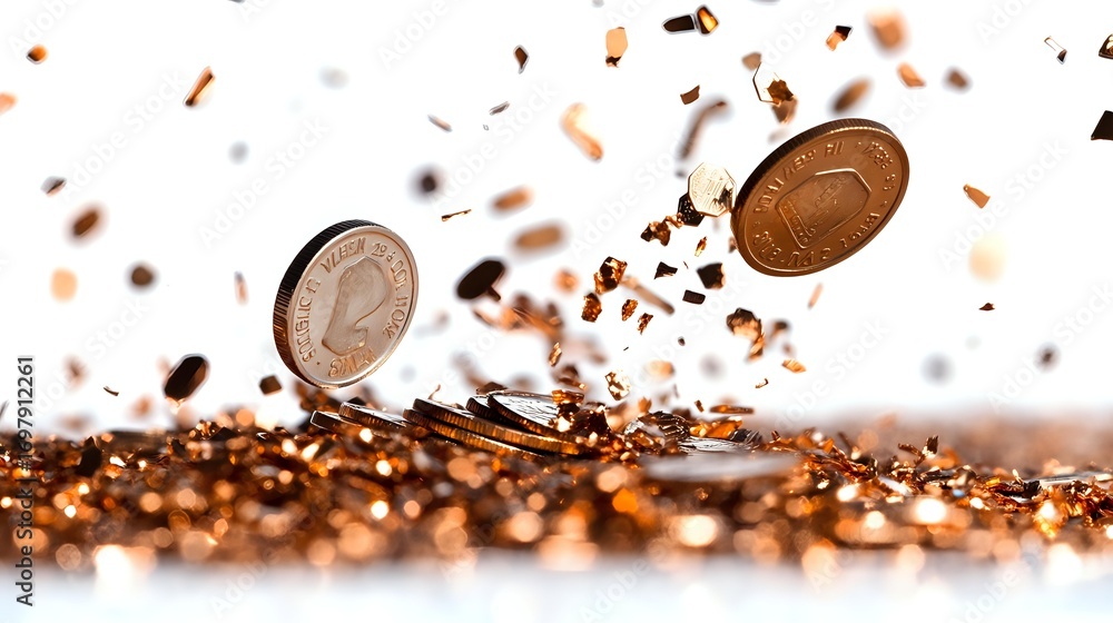Poster copper coins bouncing on reflective surface with scattered metallic fragments and particles creating