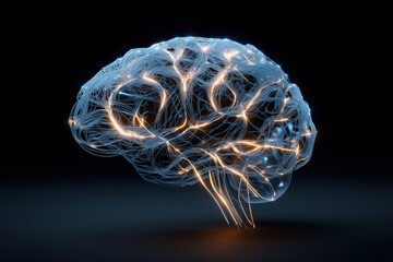 Human brain illustration with glowing neural network