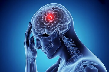 Medical illustration depicting a human head with a glowing red spot of pain or injury within the brain symbolizing a severe headache or neurological issue