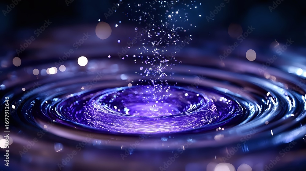 Poster mesmerizing purple water ripples with rising droplets creating concentric circles against dark backg