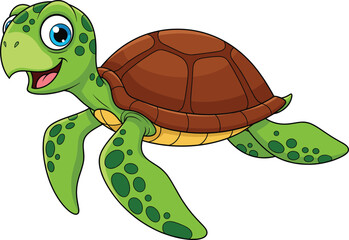 Cute cartoon sea turtle swimming, happy smiling turtle, green ocean turtle, adorable marine animal character illustration.