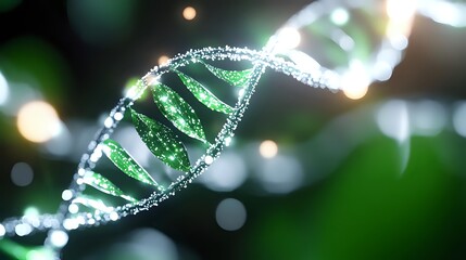 Glowing green DNA helix structure with sparkly particles against dark background shows genetic research and biotechnology advancement in medicine.