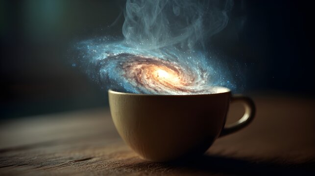 A swirling galaxy is contained within a steaming coffee cup, symbolizing the vastness of the universe and the power of a single thought