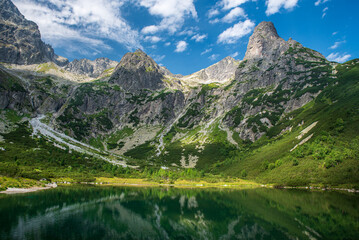 Zelene pleso lake with peaks above in High Tatras mountains in Slovakia