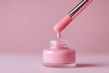 Close-up of manicured hand with glossy pink nails and nail brush applying pink nail polish against pastel pink background