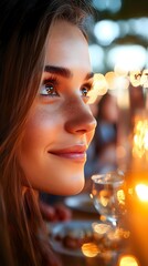 Young woman with freckles in warm evening light gazing upward with gentle smile, bokeh lights creating magical atmosphere during romantic dinner setting.